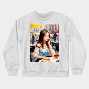 beauitful woman on parisian cafe Crewneck Sweatshirt